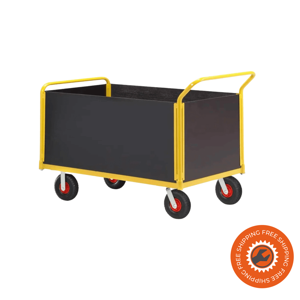 Carrello Ravendo TW 1250 L-HWS in acciaio giallo con sponde alte in legno e ruote pneumatiche Ø3.00 x 4, ideale per trasporti industriali fino a 400 kg.
