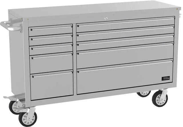 Carrello officina Güde GW 10 INOX con piano di lavoro rinforzato, 10 cassetti su guide a sfera e ruote con freno, ideale per ambienti professionali e outdoor.