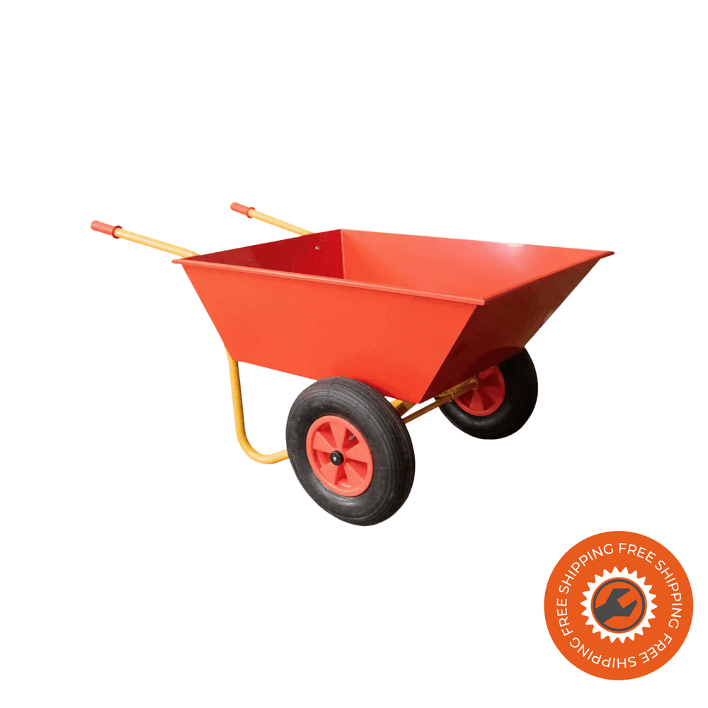 Carriola Ravendo BU 2001 SP in acciaio giallo e rosso con vasca da 200 litri e ruota pneumatica Ø4.00 x 8, ideale per trasporto di letame e materiali agricoli fino a 250 kg.
