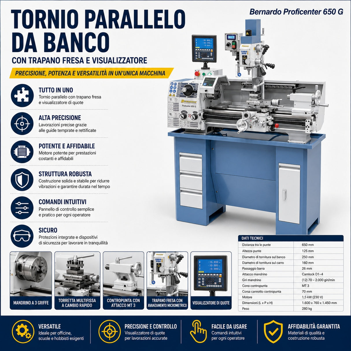 Torno para metal Bernardo fresadora Proficenter 650 G com DRO 2 eixos