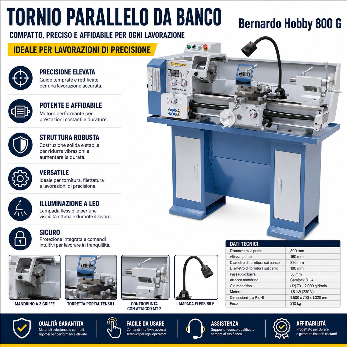 Torno Bernardo Hobby 800 G / 230 V – Compacto e preciso