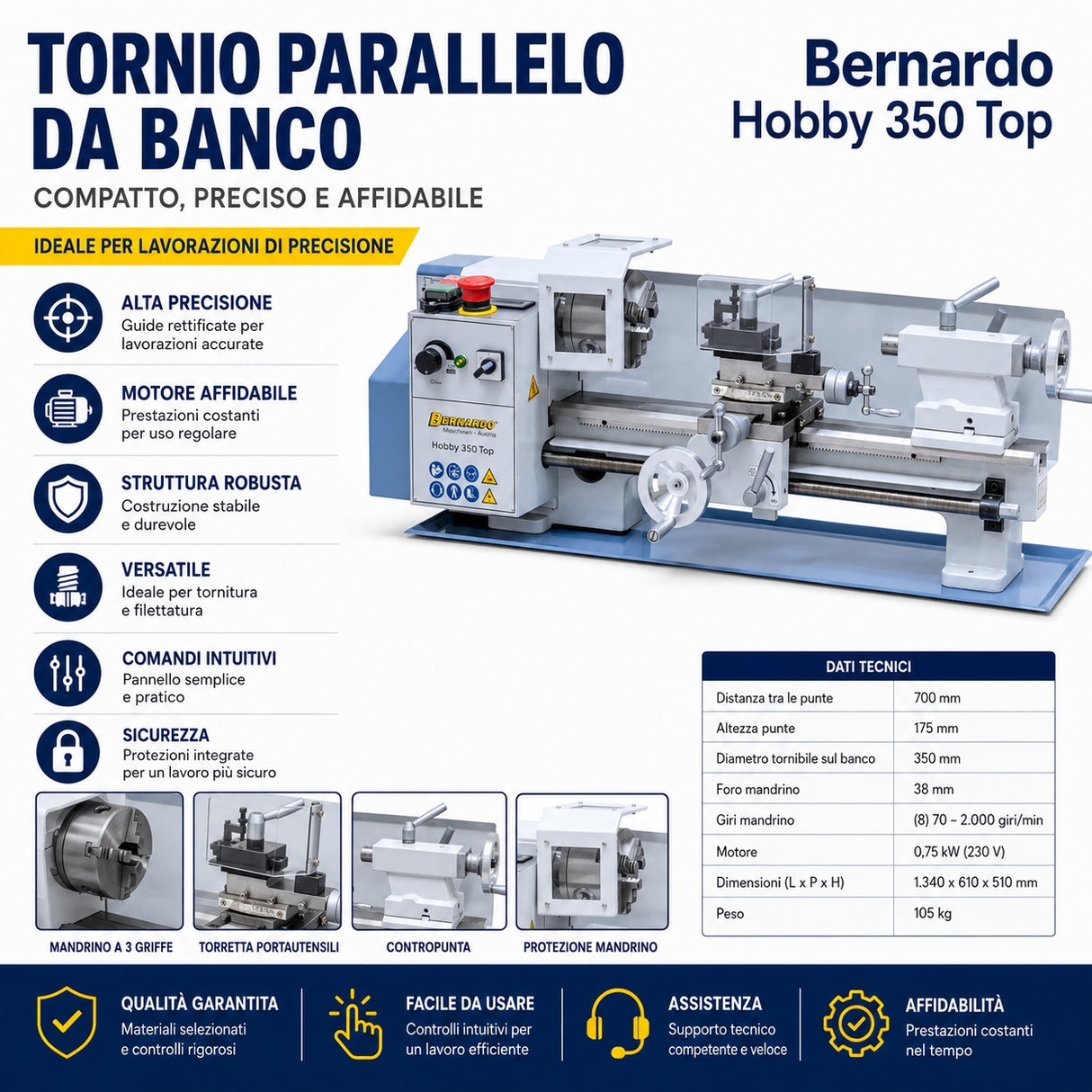 Torno para metal Bernardo Hobby 350 Top compacto 230 V