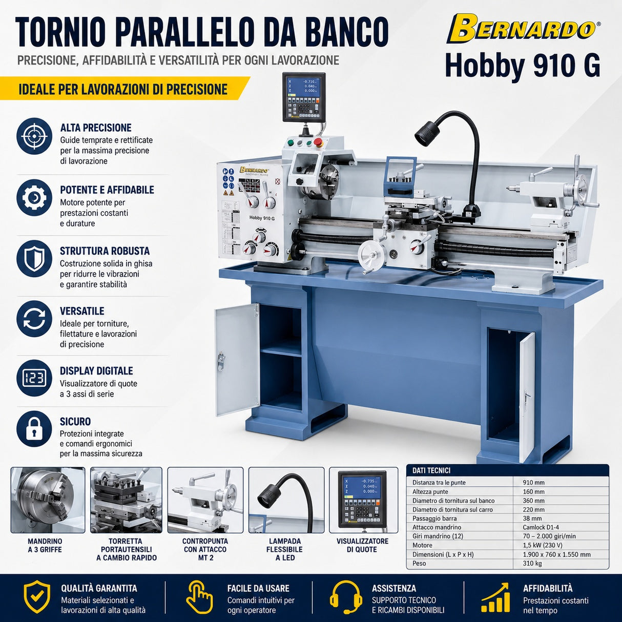 Torno para metal Bernardo Hobby 910 G 230V / 400V com DRO a 3 eixos ES-12 V