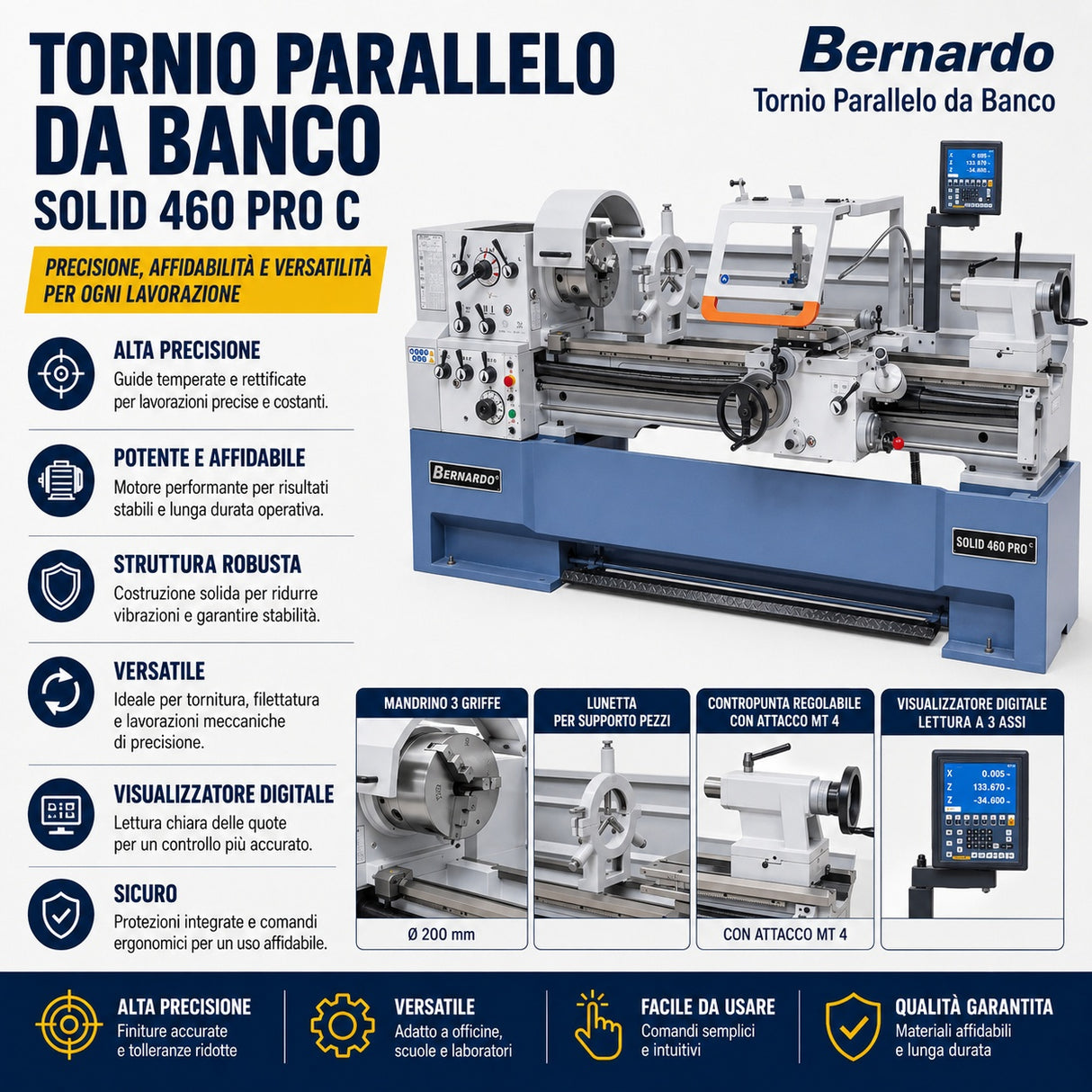 Torno para metal Bernardo Solid 460 x 1500 Pro com visualizador digital 3 eixos