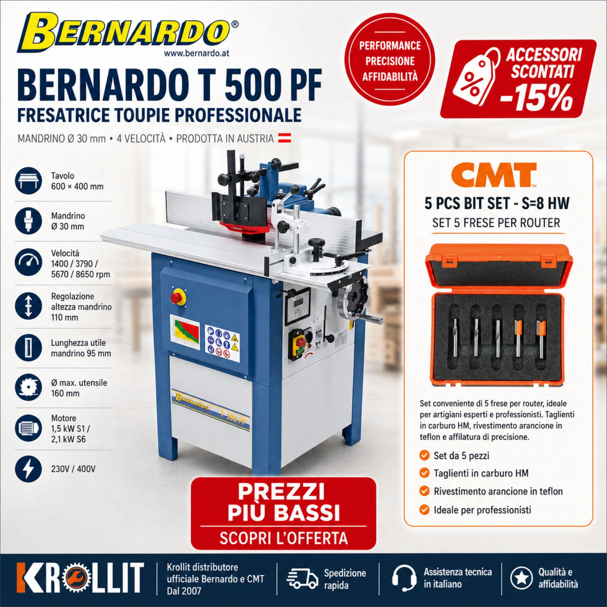 Fresatrice Bernardo T 500 PF vista frontale tavolo 600×400 mm