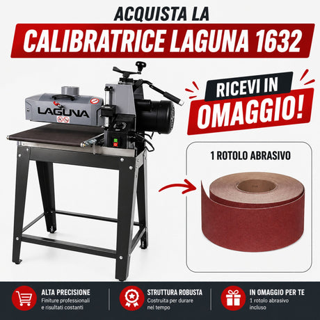 Macchina calibratrice Laguna Tools 1632 SuperMax in combo con rotolo abrasivo da 25 metri grana K80, ideale per levigatura e calibratura del legno.