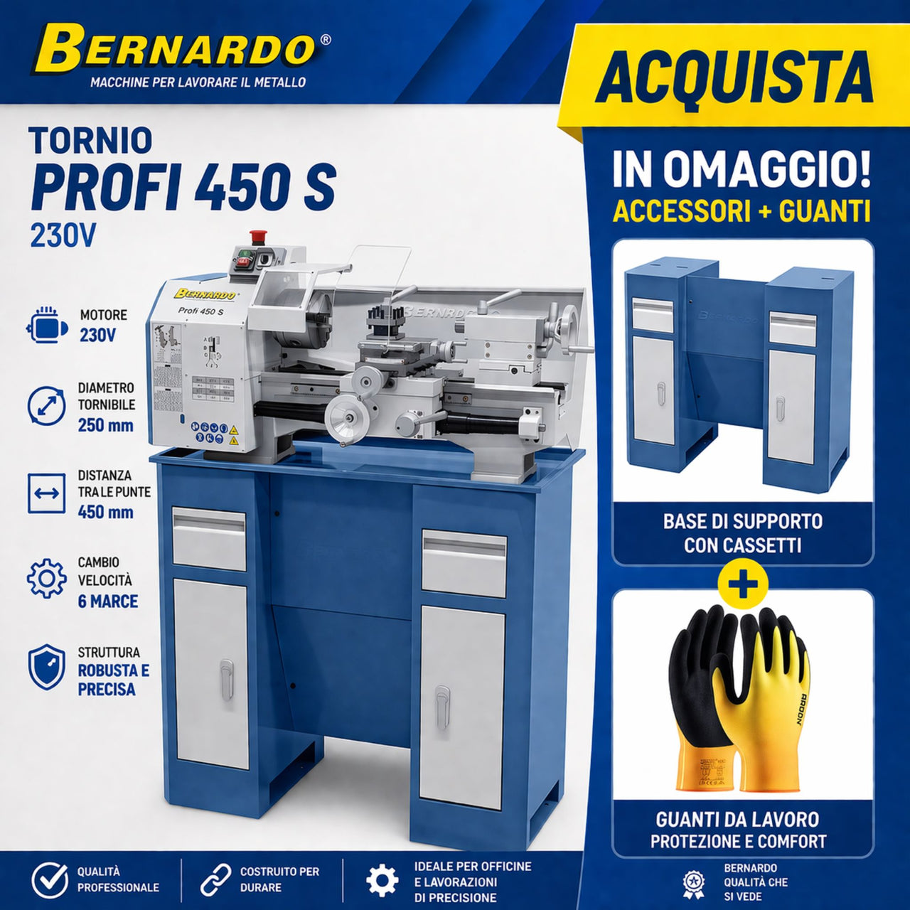 Tornio Bernardo Profi 450 S alimentazione 230V in versione combo, ideale per lavorazioni di tornitura su metallo con elevata precisione e affidabilità.