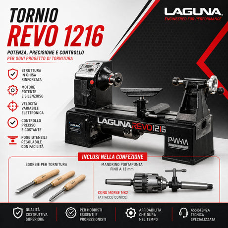 Combo Tornio Laguna Revo 1216 per lavorazioni di tornitura su legno, progettato per offrire precisione, controllo della velocità variabile e stabilità anche su pezzi di medie dimensioni.