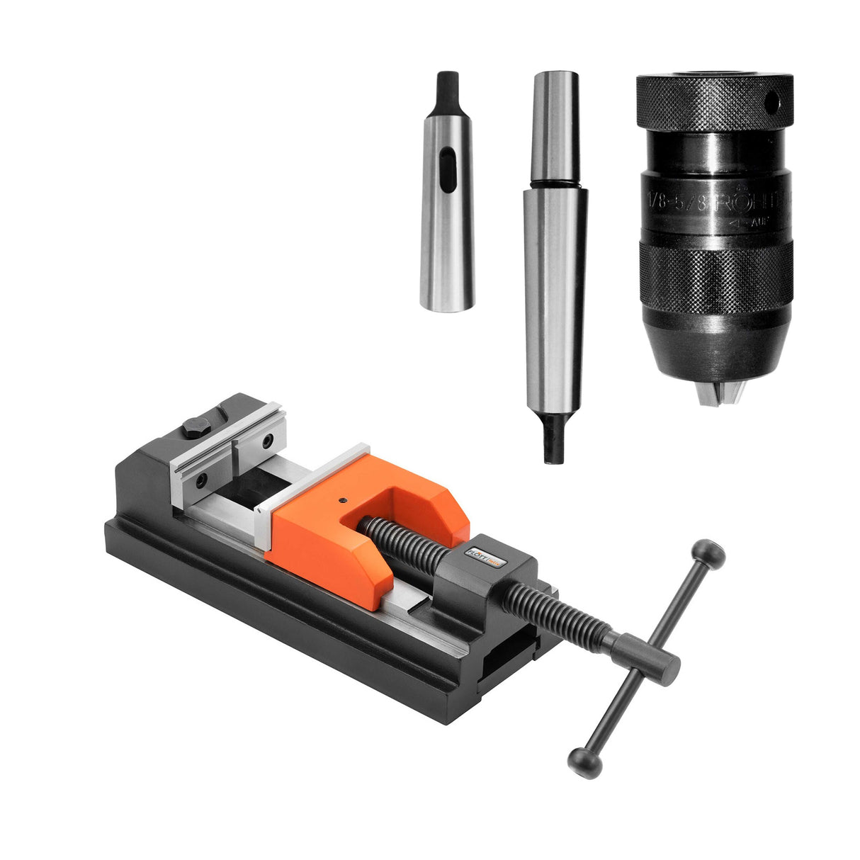 Set di Foratura Flott con morsa felix 2.0 80 mm, mandrino autoserrante 1–13 mm B16, codolo MK2/B16 e bussola di riduzione MK2/MK1.