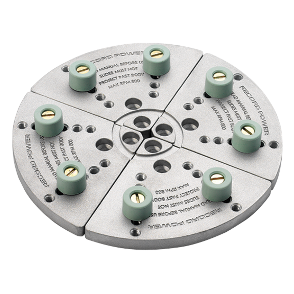 Ganasce di ripresa Mini Record Power con tamponi morbidi, ideali per rifinire il fondo di ciotole già tornite senza danneggiare la superficie del legno.