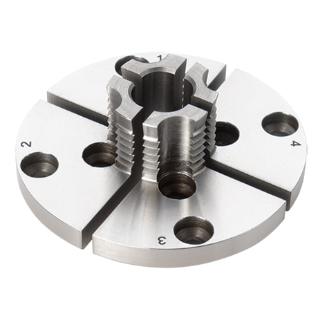 Ganasce mini Record Power con foro interno da 13 mm, dentatura esterna e fori supplementari per viti, ideali per perni robusti su pomelli e maniglie.