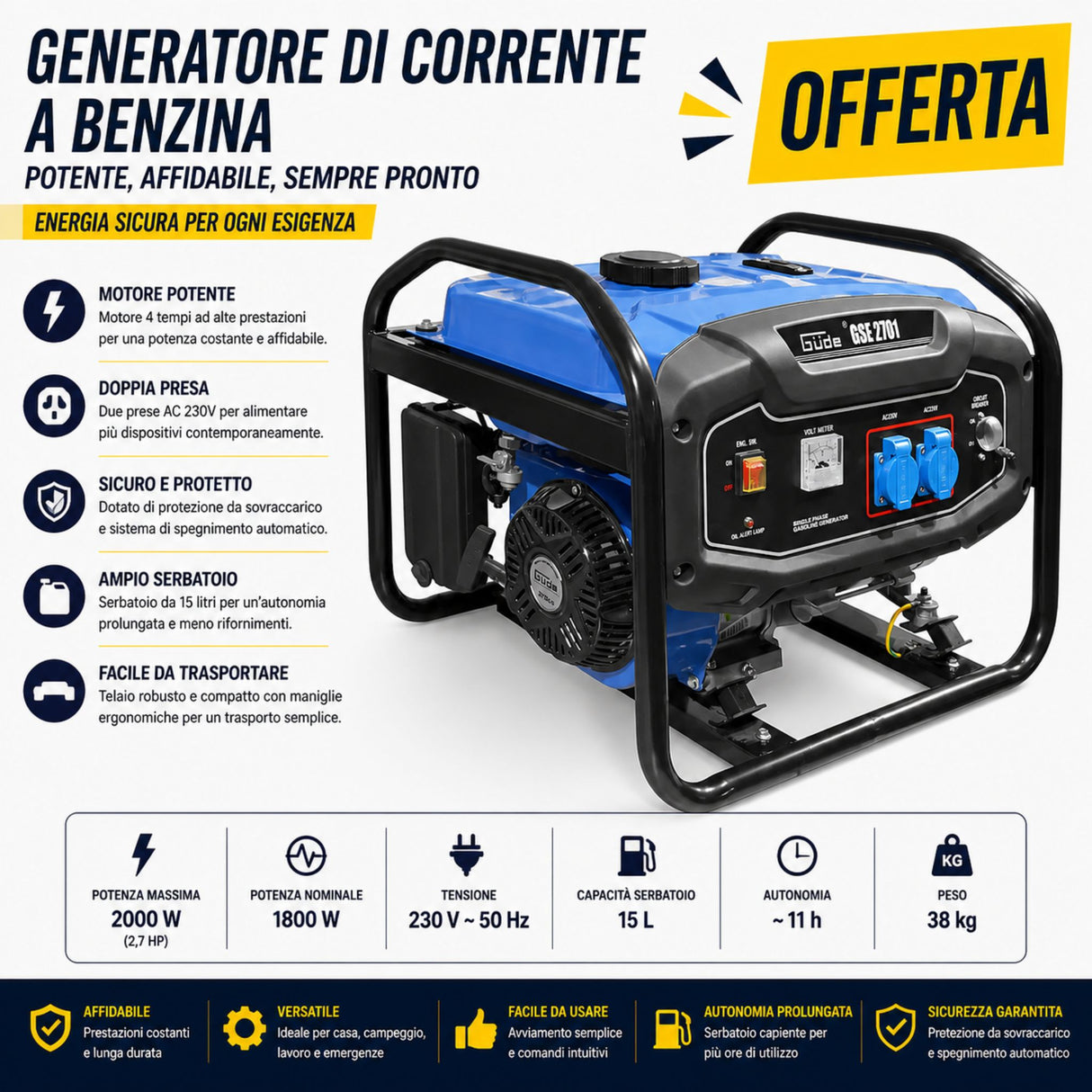 Generatore Güde GSE 2701, ideale per alimentazione di emergenza e utilizzi esterni, con motore affidabile e potenza adatta per utensili e dispositivi elettrici.