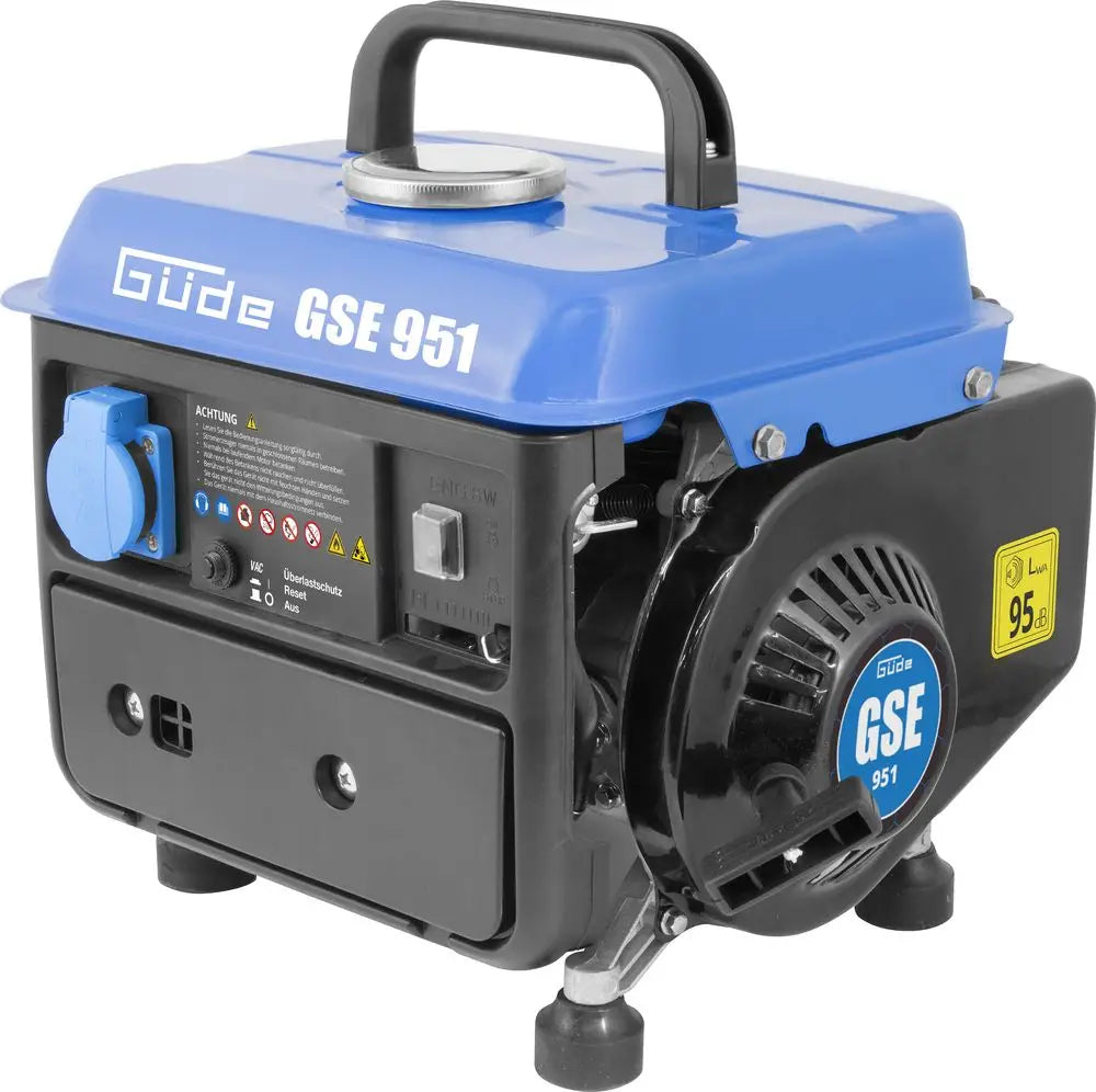 Generatore a benzina Guede GSE 951, compatto e portatile, motore 2 tempi da 63 cm³, potenza 720 W, serbatoio da 3,8 L.