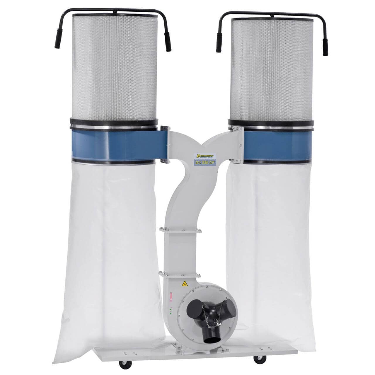 Impianto di aspirazione Bernardo DC 550 CF 400 V con struttura in acciaio e doppio sacco da 300 litri, progettato per aspirare polveri sottili e trucioli di legno con potenza e affidabilità.