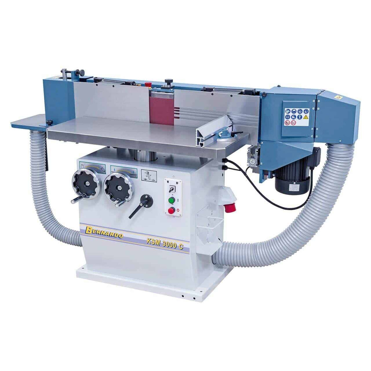 Vista della levigatrice per bordi KSM 3000 C con nastro oscillante, piano regolabile, dispositivo per impiallacciatura e sistema di aspirazione integrato, progettata per falegnami professionisti e lavorazioni industriali.