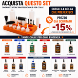 Kit IGM con 13 punte in plastica per tasselli 4–12 mm, DOMINO, biscuit, coda di rondine, scanalatura, pennello nylon e rullo 60 mm, 2 flaconi da 250 ml, tappi e supporto, in combo con colla Titebond a scelta.