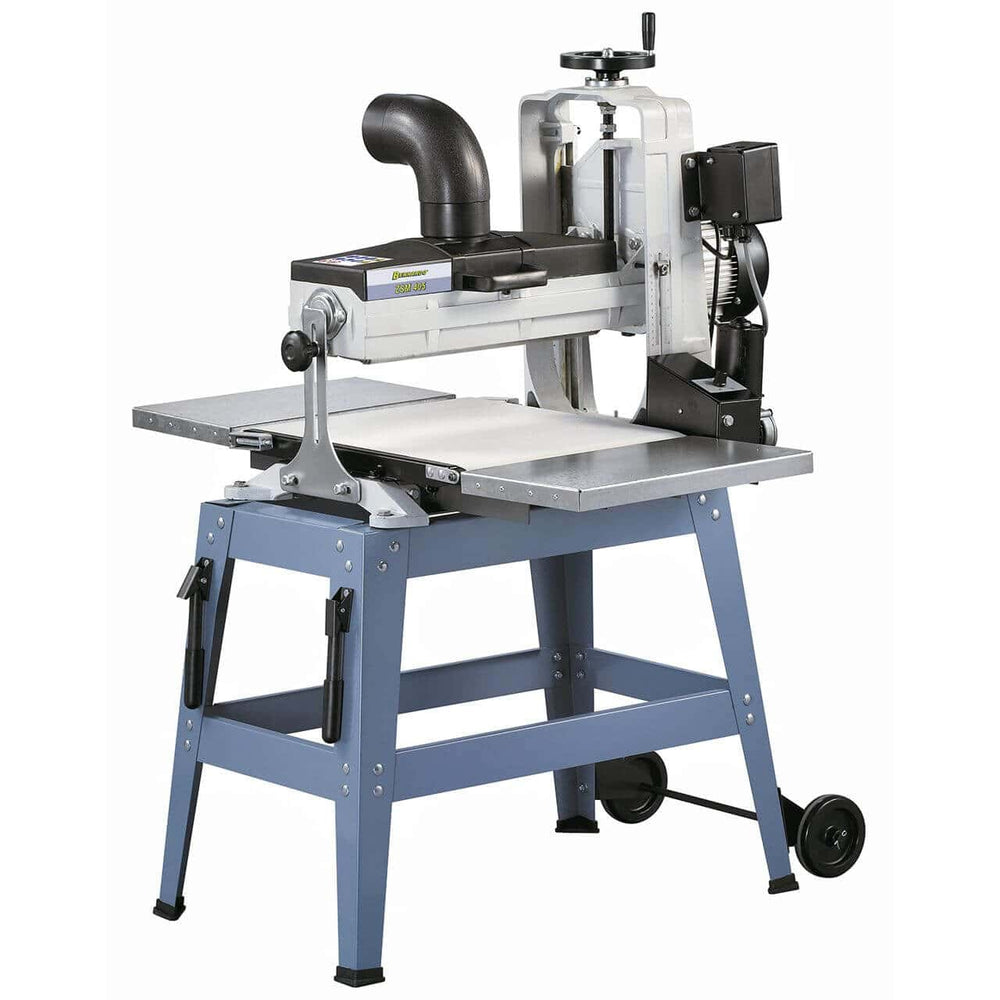 Vista frontale della levigatrice a cilindro ZSM 405 con stand a rulli, prolunghe laterali e nastro abrasivo installato, ideale per pannelli e telai.