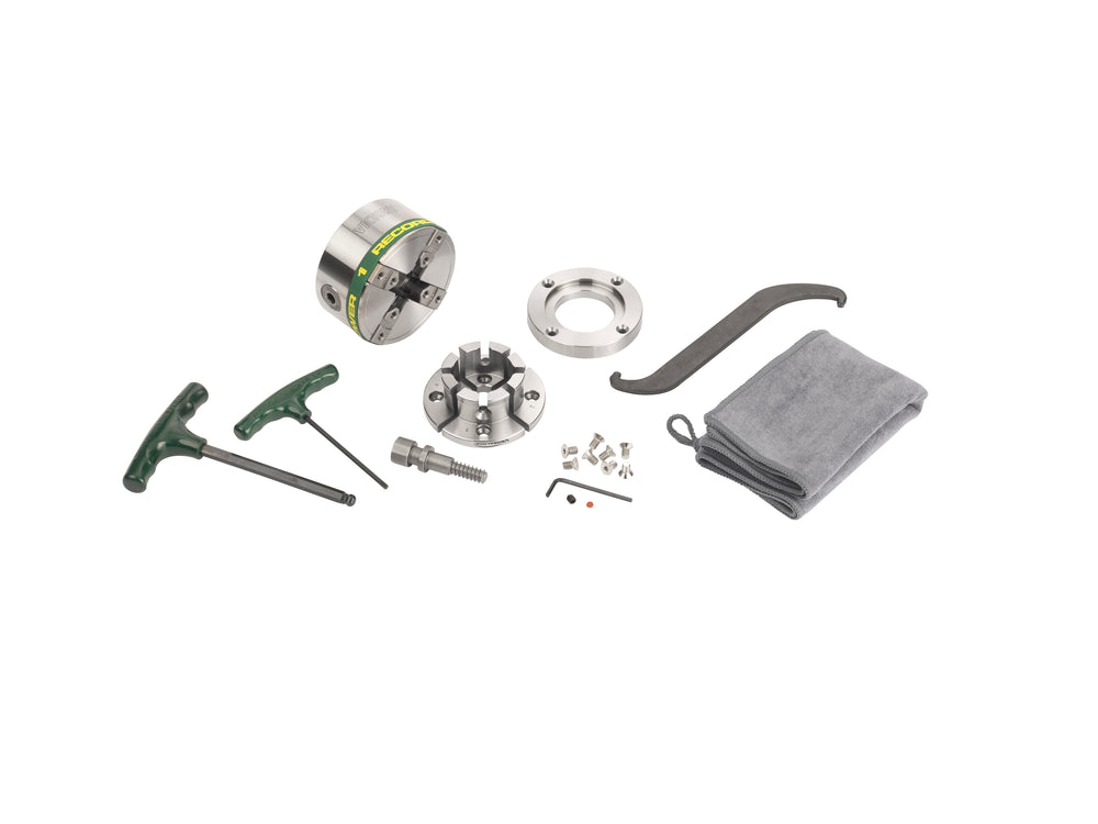 Mandrino professionale Record Power Victory con attacco 1”1/4 x 8 TPI DT, completo di ganasce modulari VersaLock da 50 mm, anello flangia e accessori.