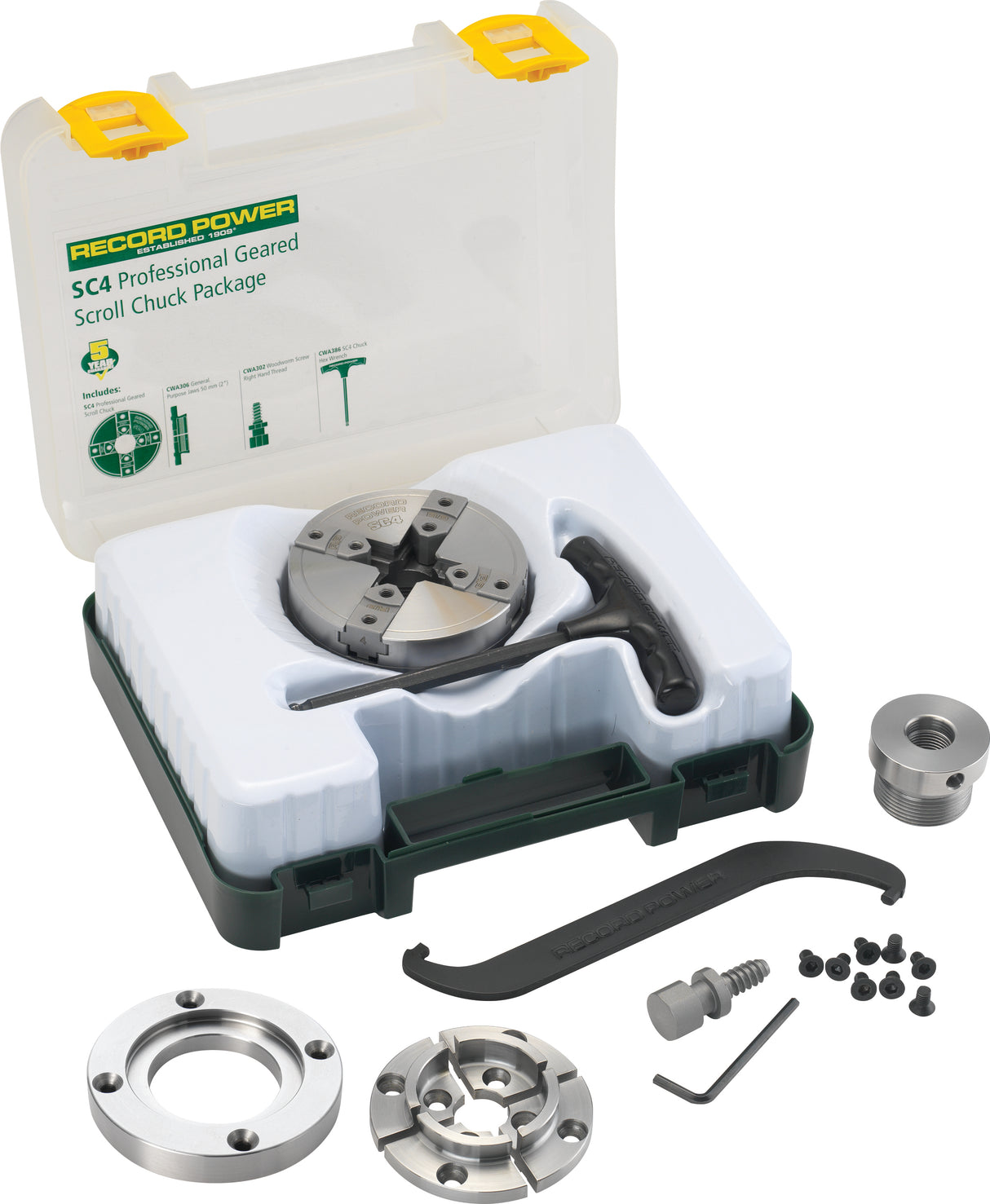 Mandrino Record Power SC4 con filettatura diretta M33 x 3.5, dorso chiuso, indicizzazione completa e flangia da 87 mm per tornitura professionale di grandi pezzi.