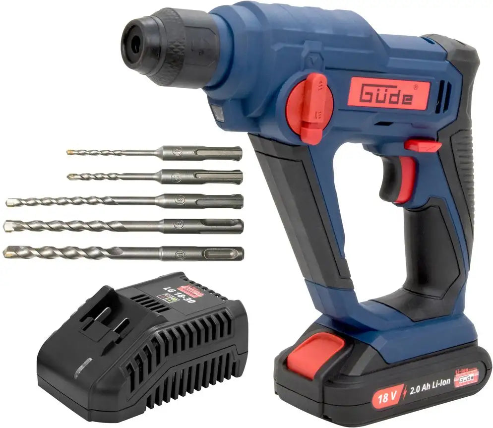 Martello perforatore Guede BH 18-201-30K 18V E³ con batteria da 2Ah, caricabatterie rapido 3A, valigetta rigida e set da 5 punte SDS Plus.