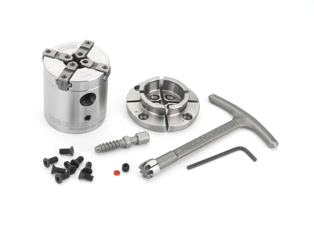 Mini mandrino Record Power SC1 con corpo compatto da 50 mm, progettato per la tornitura di piccoli oggetti in legno e lavori di alta precisione, compatibile con inserti SC4.