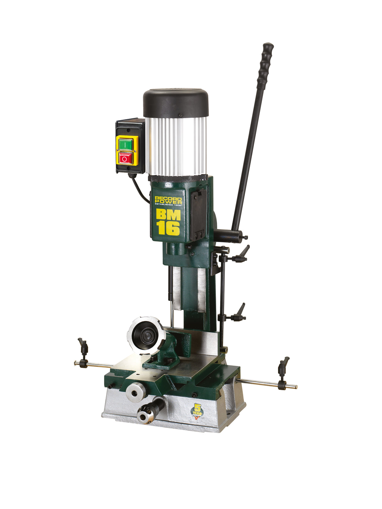 Mortasatrice da banco Record Power BM16 con tavola rettificata in ghisa, morsa industriale e scorrimenti su guide a coda di rondine per mortase precise.