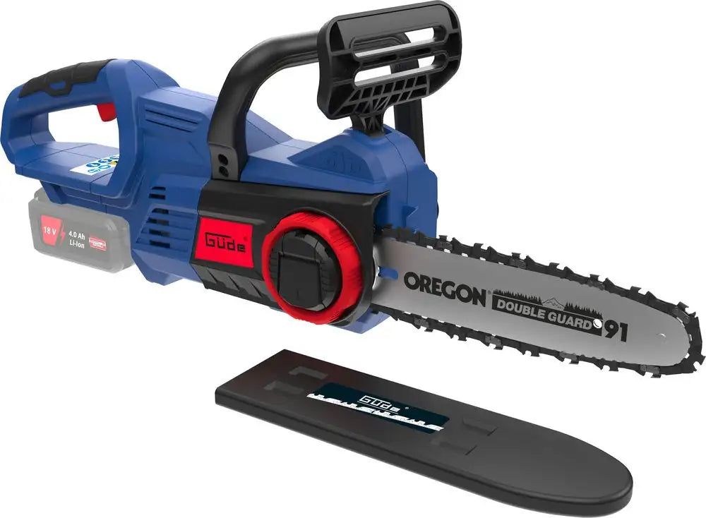 Motosega Guede KS 18-0 18V con barra e catena Oregon, freno catena elettrico/meccanico e lubrificazione automatica, ideale per potature e piccoli tagli di legna.