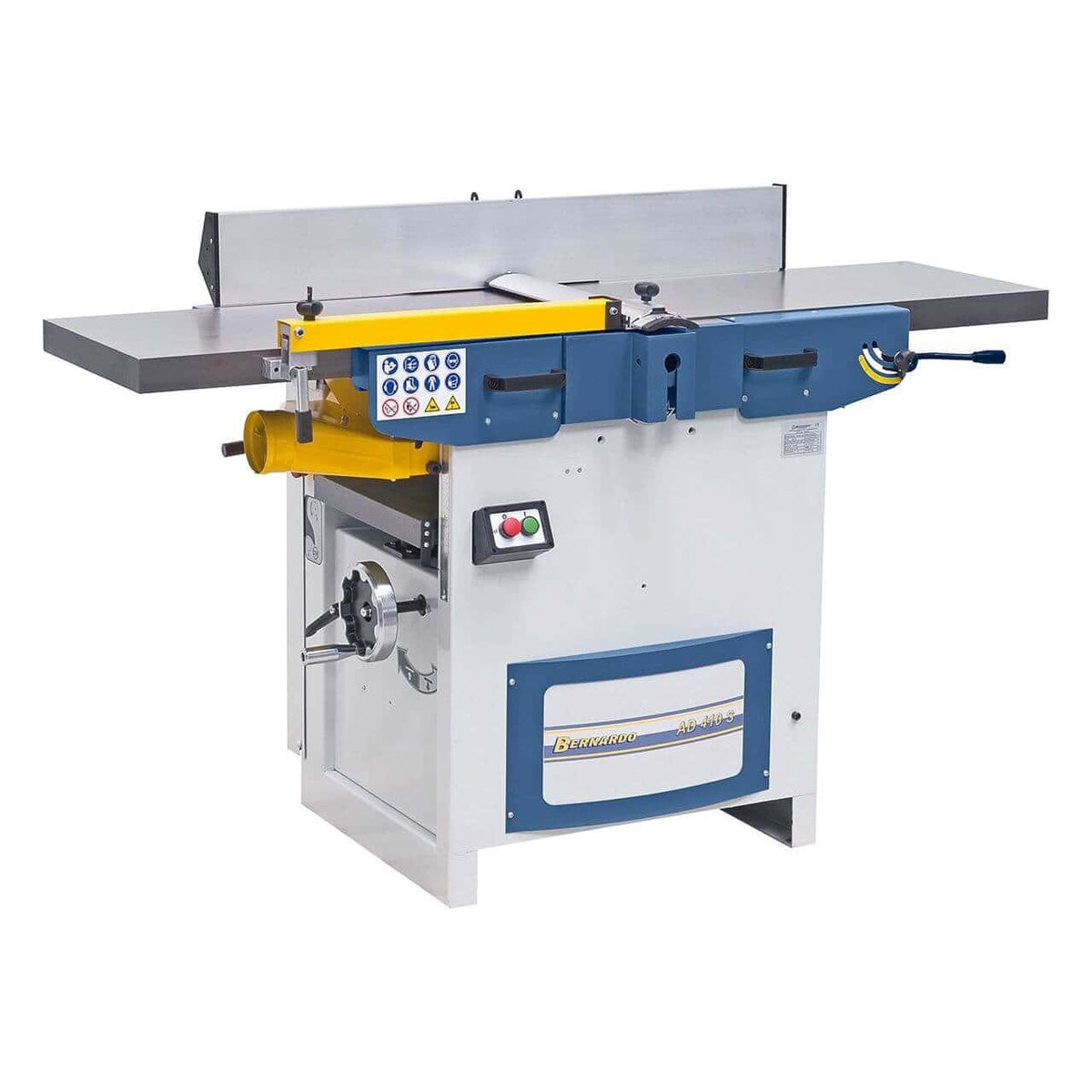 Pialla a filo e spessore Bernardo AD 410 S 400 V con albero a spirale dotato di 72 inserti TCT, tavoli in ghisa e recinzione inclinabile, ideale per falegnamerie e laboratori professionali.