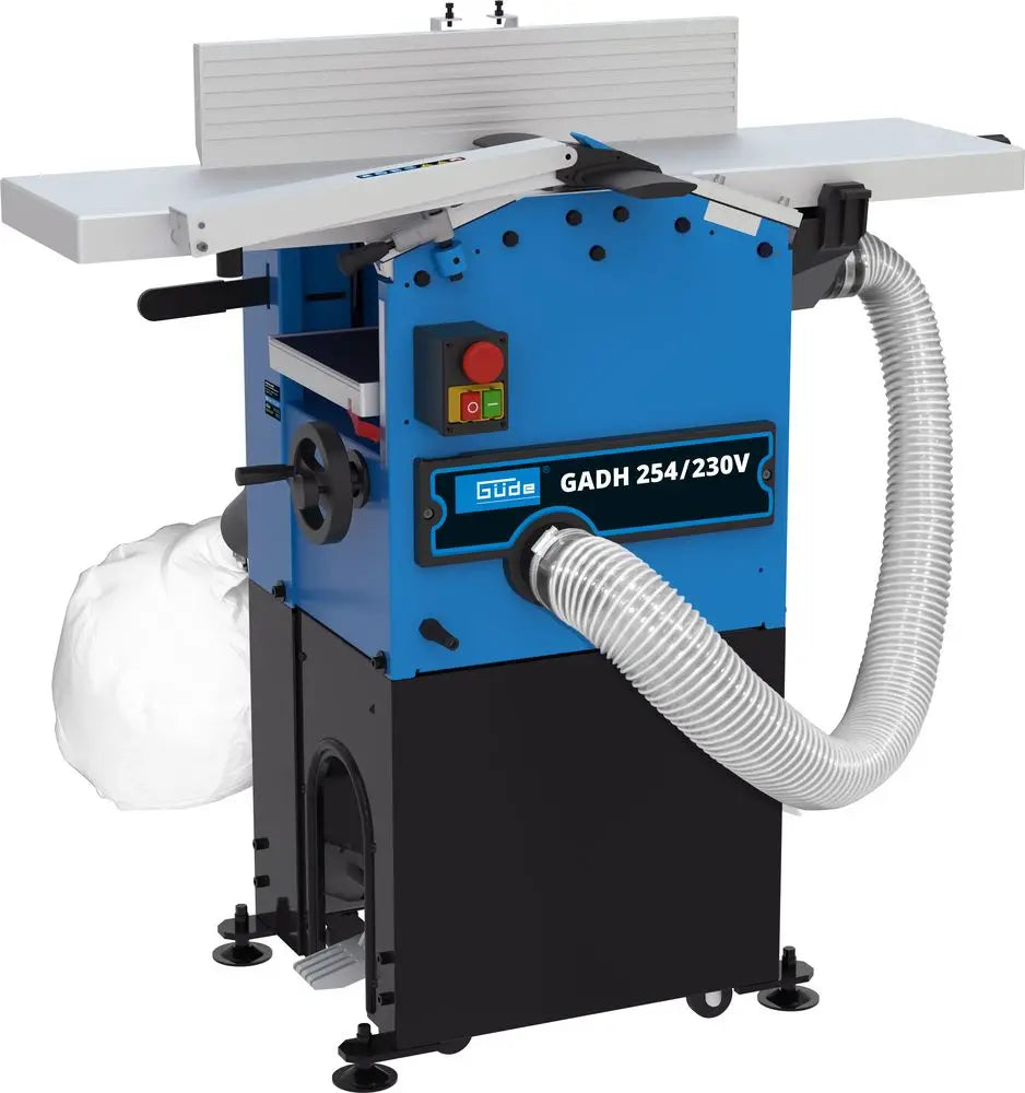 Pialla a filo e spessore Güde GADH 254 con tavoli in alluminio pressofuso, sistema di aspirazione integrato e motore da 1800W per lavorazioni di alta precisione.