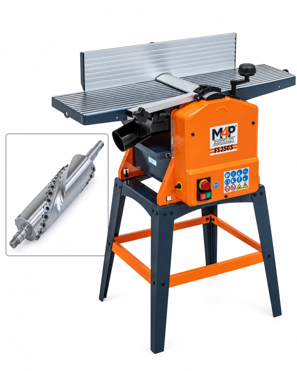 Pialla a filo e spessore M4P FS 250 S con basamento, albero elicoidale a 24 inserti, larghezza di lavoro 255 mm e alimentazione 230 V.