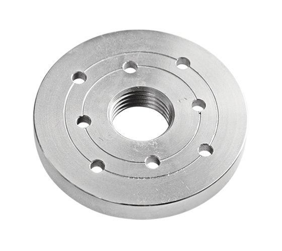 Piastra frontale Record Power in acciaio con filettatura M33 x 3,5 mm, disponibile nei diametri 4" e 6" per tornitura frontale del legno.