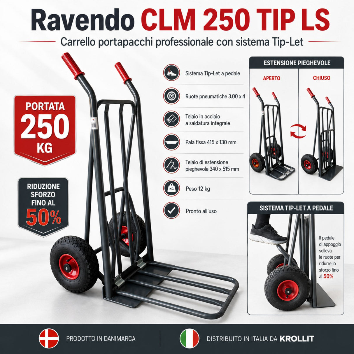 Carrello portapacchi Ravendo CLM 250 TIP LS – sistema Tip-Let, portata 250 kg