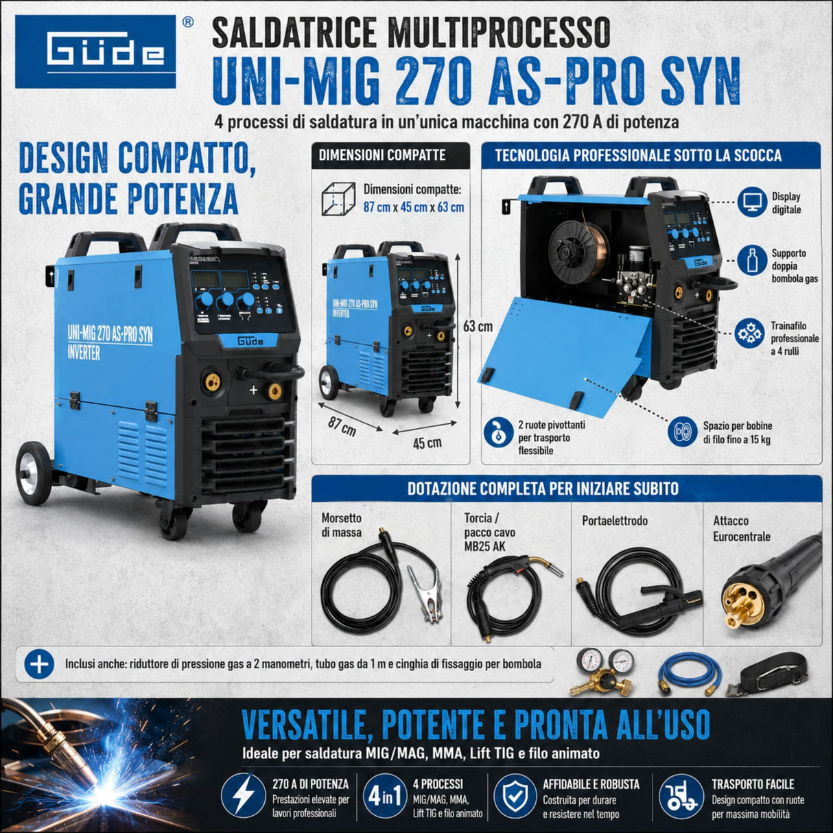 Máquina de soldar multiprocesso Güde Uni-Mig 270 AS-Pro SYN – inversor trifásico 400V, MIG/MAG, MMA, fio fluxado e TIG