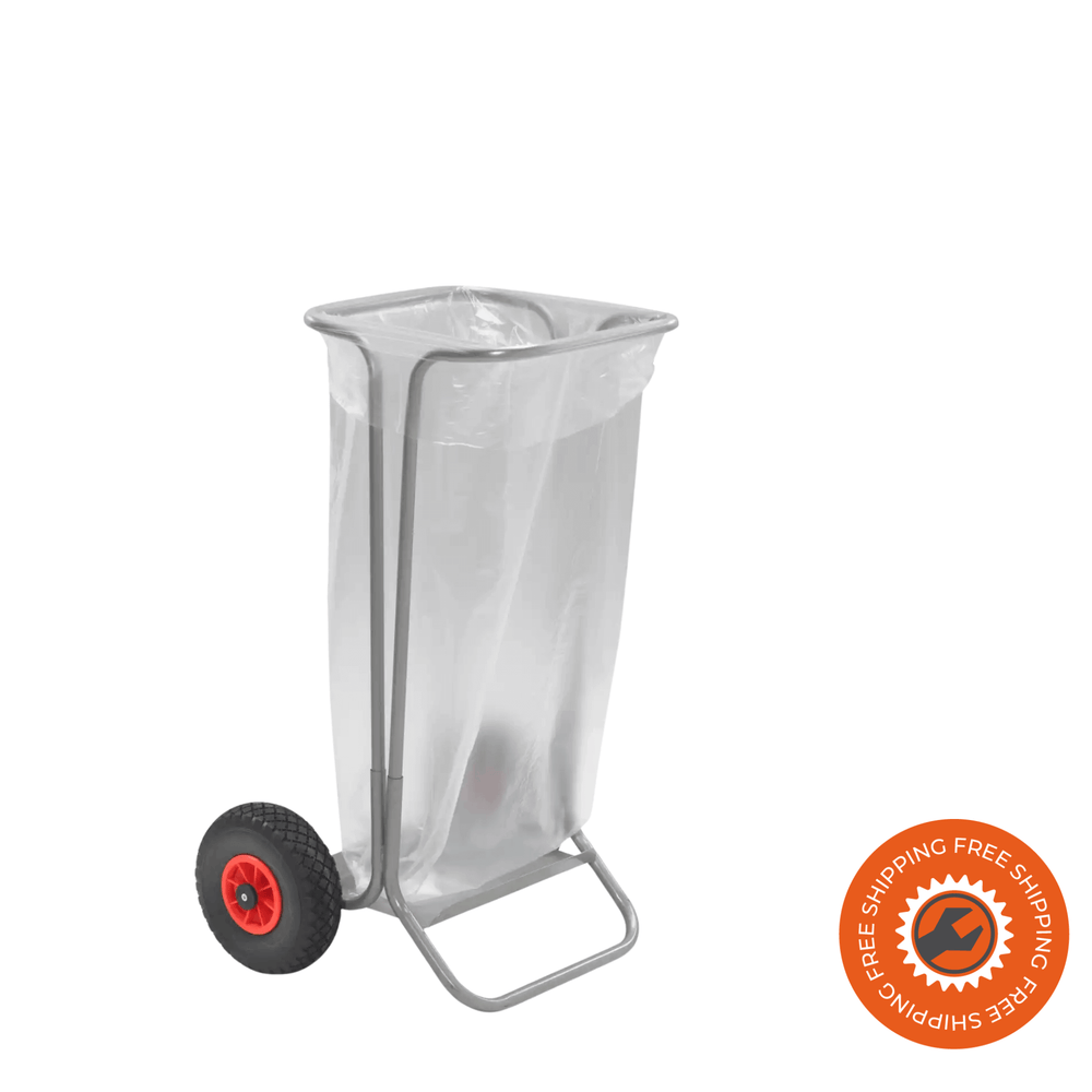 Carrello porta rifiuti Ravendo BBT 50 PUR in acciaio argento con ruote anti-foratura PUR e struttura regolabile per sacchi da 100–110 litri.