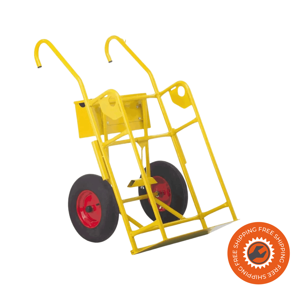 Carrello portabombole Ravendo BT 121 L, robusto e professionale, in acciaio verniciato a polvere giallo, con ruote pneumatiche Ø4.00×8”, portata 250 kg e superficie di supporto 680×300 mm.