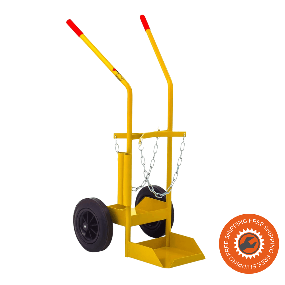 Carrello portabombole Ravendo BT 124 M in acciaio verniciato a polvere giallo, con ruote pneumatiche e design ergonomico, adatto a bombole da 17–50 litri.