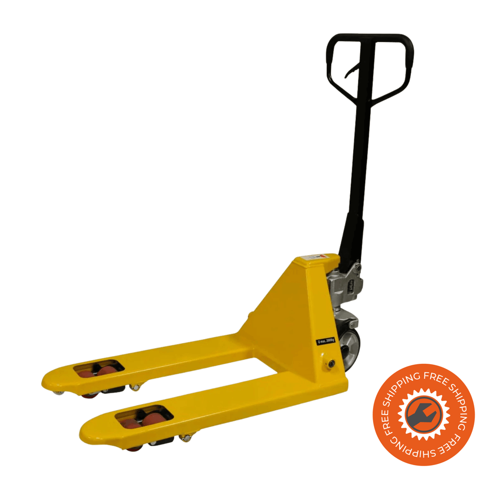 Transpallet manuale Ravendo Quick Lift PQLS 2000, compatto e robusto, con forche corte da 800 mm, ruote in poliuretano e sistema di sollevamento rapido, ideale per magazzini.