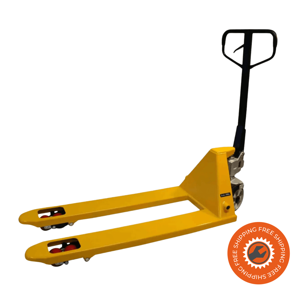 Transpallet manuale Ravendo Quick Lift PQL 2500, con sistema di sollevamento rapido, forche da 1150 mm, ruote in poliuretano e portata fino a 2500 kg, ideale per magazzini professionali.