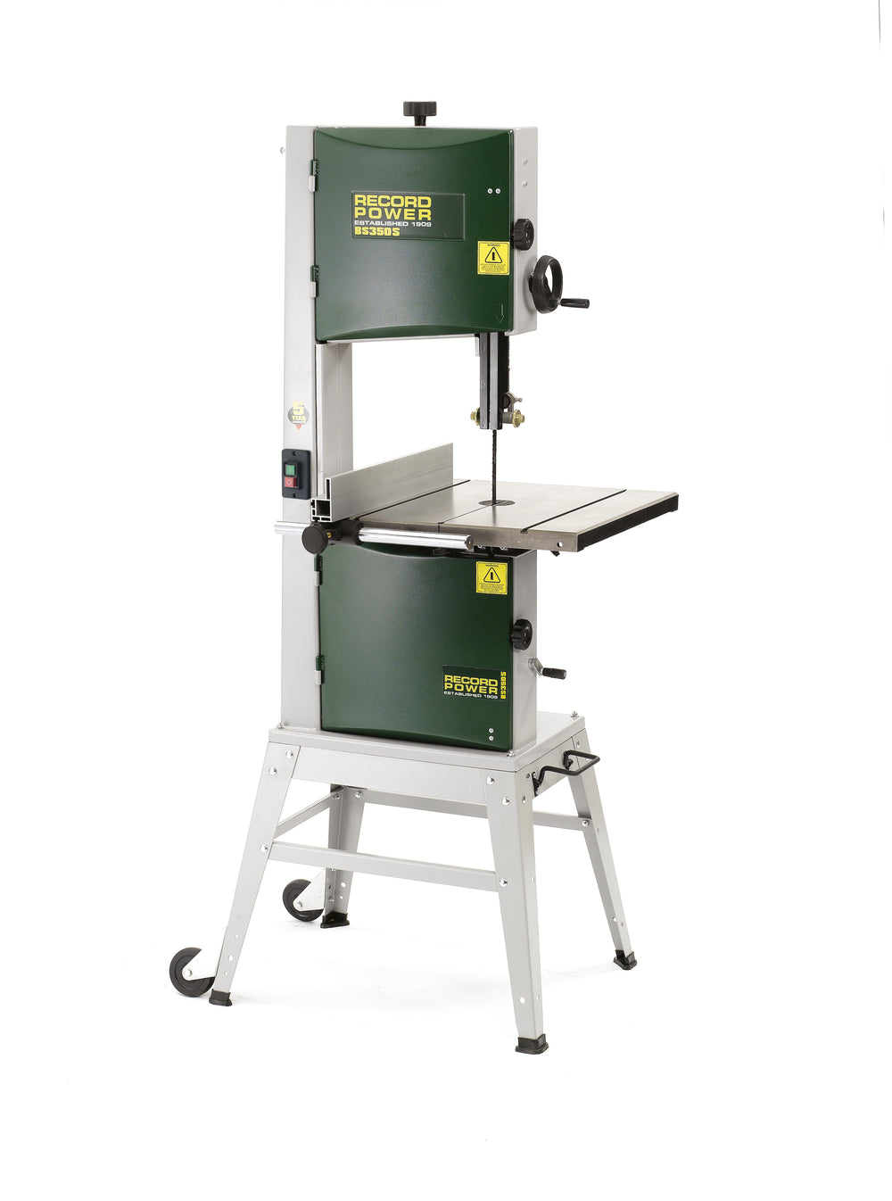 Sega a nastro Premium 350 mm con basamento aperto, piano in ghisa di grandi dimensioni, volani in ghisa bilanciati e guida parallela cromata per tagli precisi nel legno.