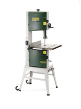 Sega a nastro Premium 350 mm con basamento aperto, piano in ghisa di grandi dimensioni, volani in ghisa bilanciati e guida parallela cromata per tagli precisi nel legno.