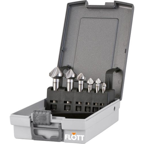 Box ABS contenente set di svasatori conici e sbavatori conformi DIN 335 C per lavorazioni di svasatura e sbavatura su metalli.