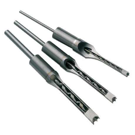 Immagine del set Record Power R150-3CB composto da tre scalpelli con punte per mortasa in acciaio rapido, nelle misure 1/4”, 3/8” e 1/2”, con finestre di evacuazione truciolo.