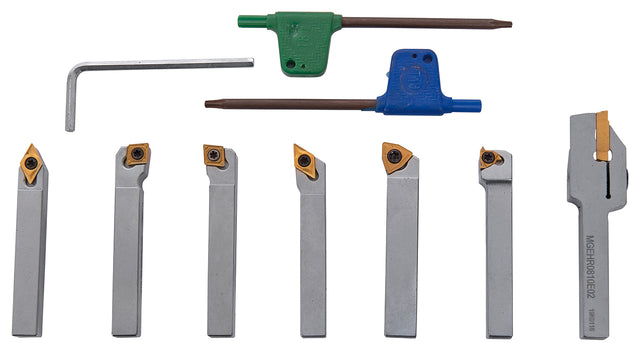Set utensili da tornitura Bernardo 8 mm, 7 pezzi con inserti in metallo duro rivestiti TiN, forniti in valigetta in alluminio.