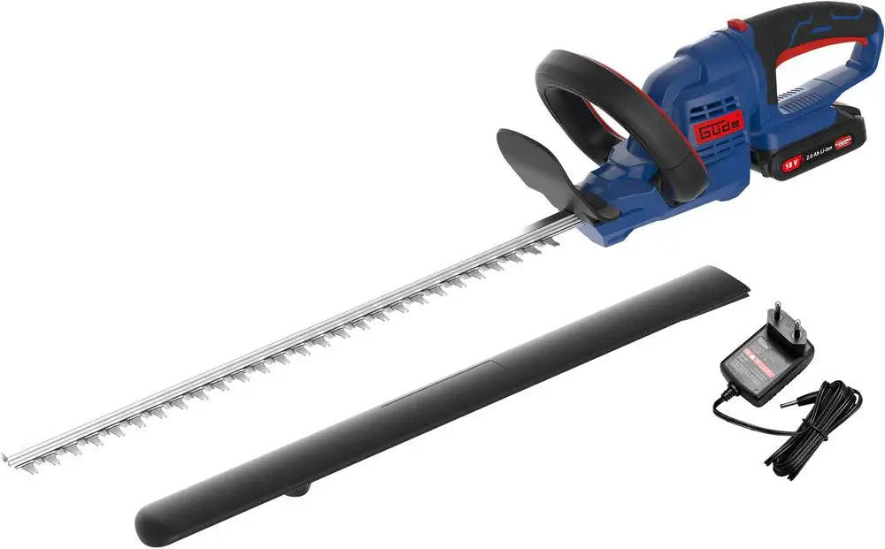 Tagliasiepi Guede HS 18-201-05 con lame laser-cut e impugnatura rotante a 180°, fornito con batteria 18V e caricatore 0,5A.