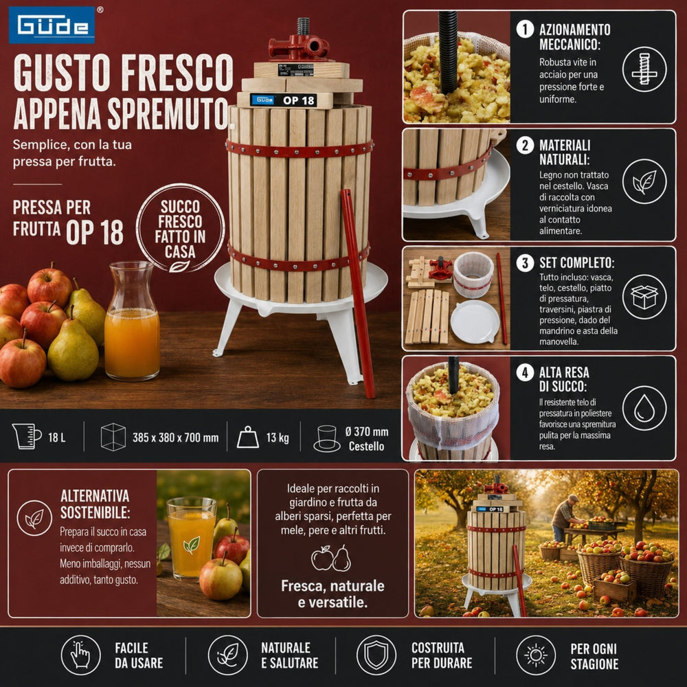 Torchio manuale Güde OP 18 con capacità di 18 litri, ideale per la spremitura di frutta e la preparazione di succhi e mosto.