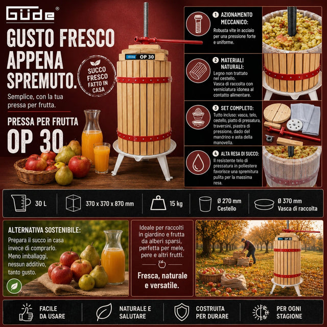 Torchio manuale Güde OP 30 con capacità di 30 litri, ideale per la spremitura di frutta e la produzione di succhi e mosto.
