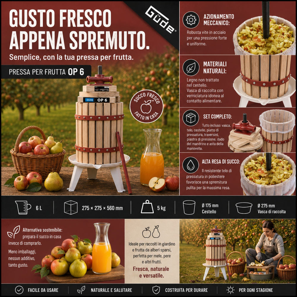 Torchio manuale Güde OP 6 con capacità di 6 litri, ideale per la spremitura di frutta e la produzione artigianale di succhi e mosto.