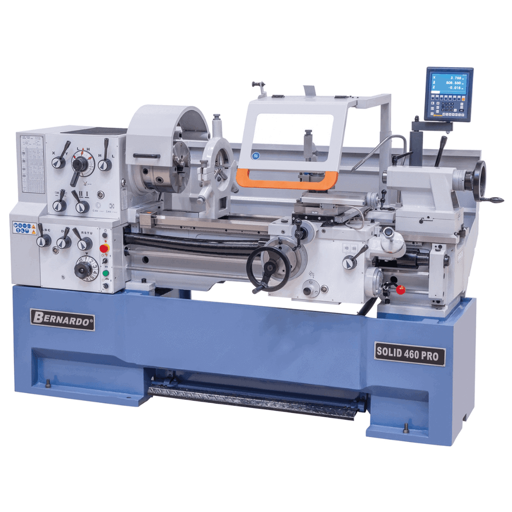 Tornio Bernardo Solid 460 x 1000 Pro con altezza punte 230 mm, passaggio barra 80 mm e visualizzatore digitale a 3 assi incluso