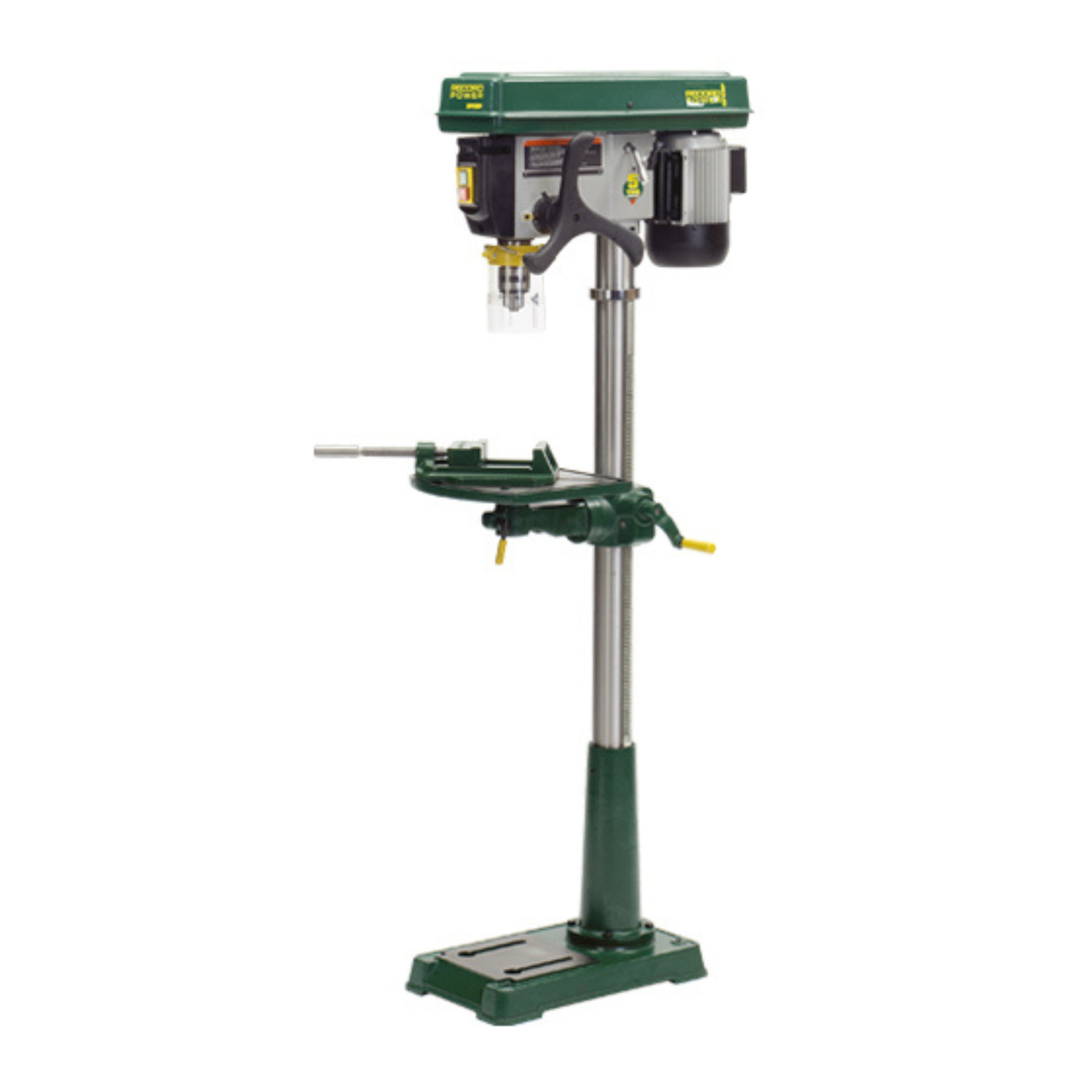Trapano a colonna Record Power DP58P con colonna da 50", tavola in ghisa regolabile e motore a induzione per foratura professionale su legno e metalli.