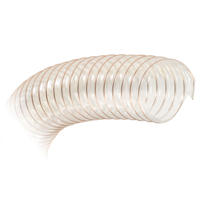 Tubo di aspirazione polveri professionale da 100 mm in PVC resistente allo strappo, rinforzato con spirale in filo d’acciaio ed elica sinistra.